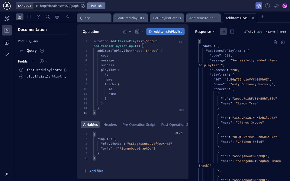 Explorer - AddItemsToPlaylist mutation adding variables for input