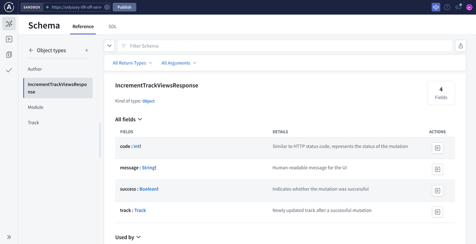 The Schema Reference page in Sandbox, opened to the IncrementTrackViewsReponse type